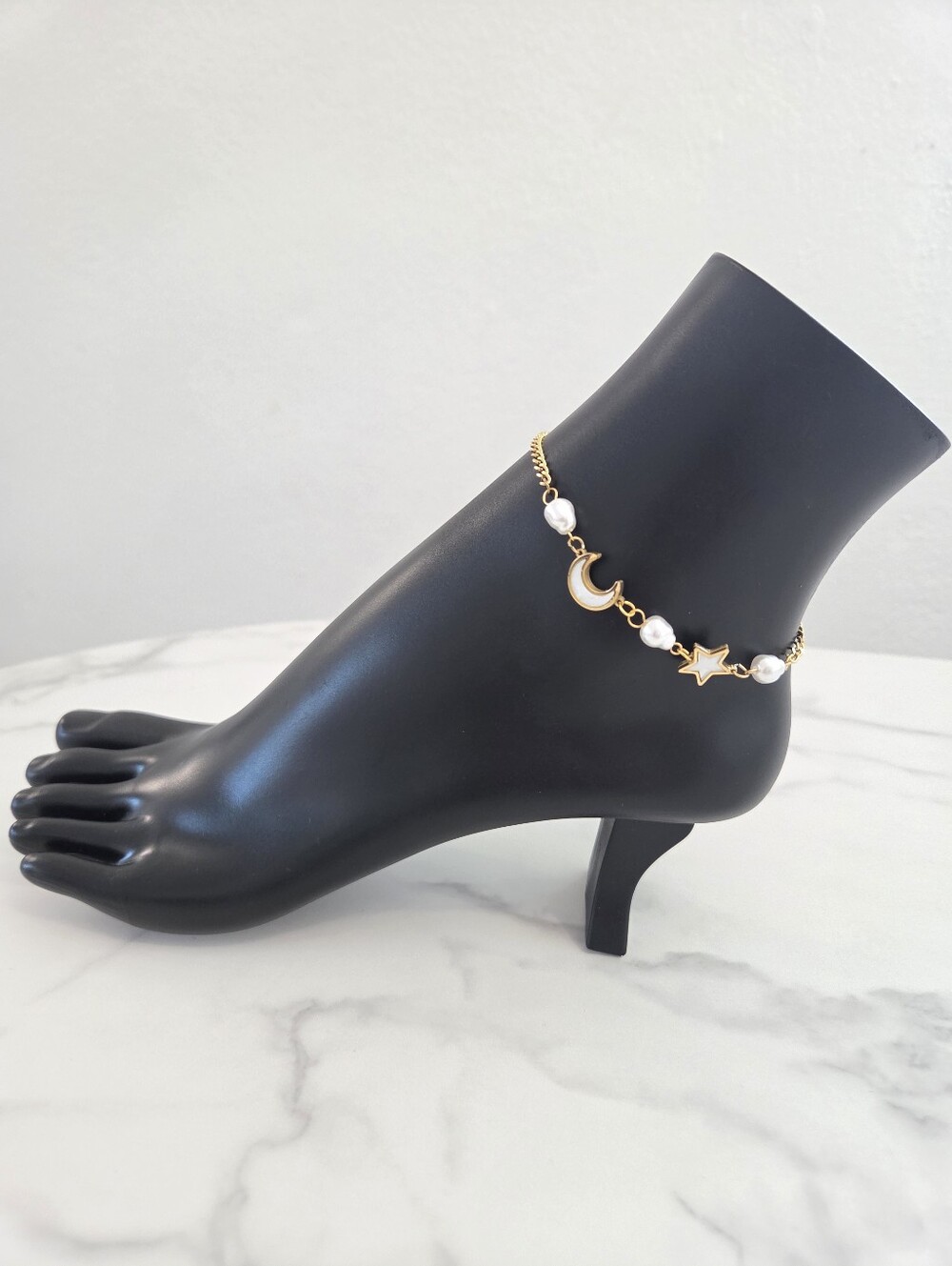 Gold Celestial Anklet Pearl Crescent Moon Star Charm Bracelet - Picture 5 of 16